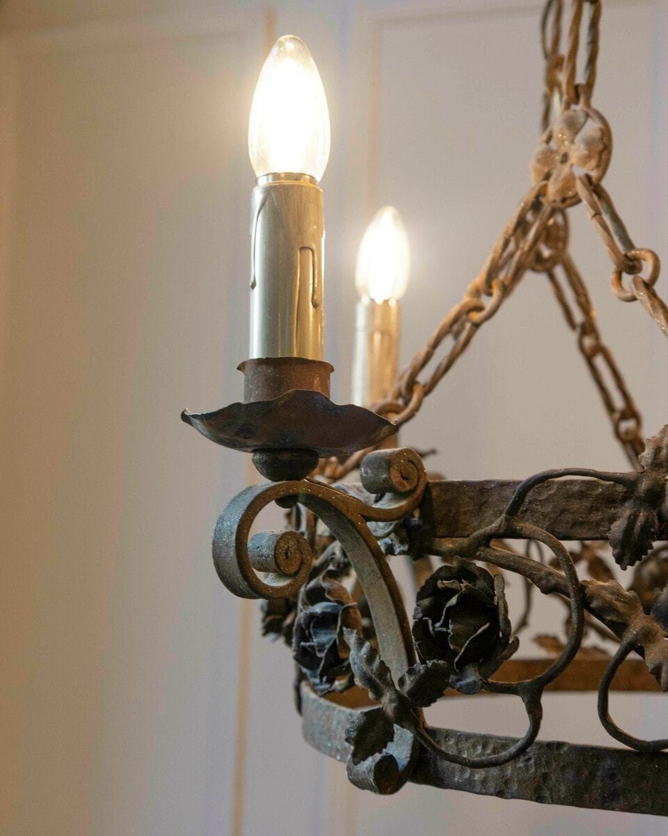 French 19th Century Four-Light Iron Ring Chandelier with Flowers and Vines - JAA