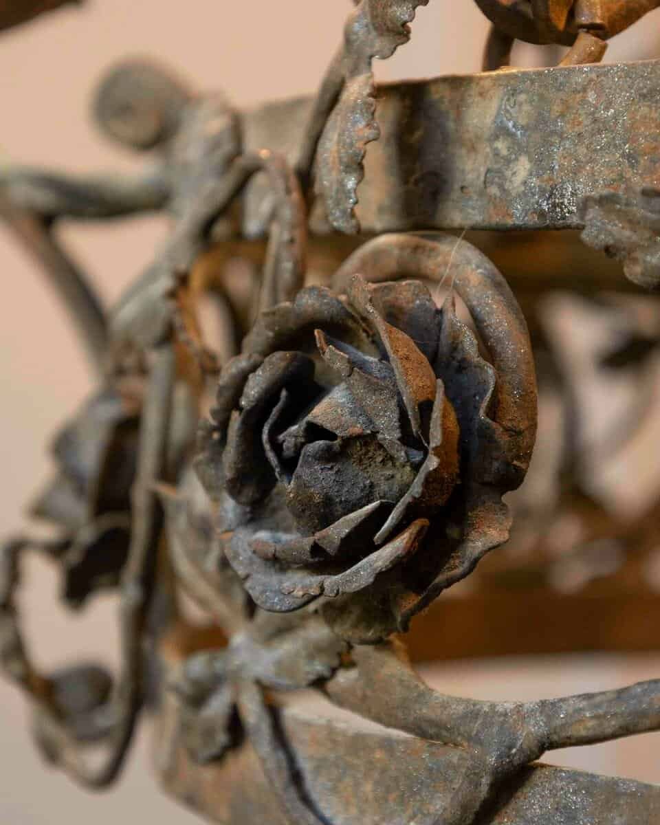 French 19th Century Four-Light Iron Ring Chandelier with Flowers and Vines - JAA