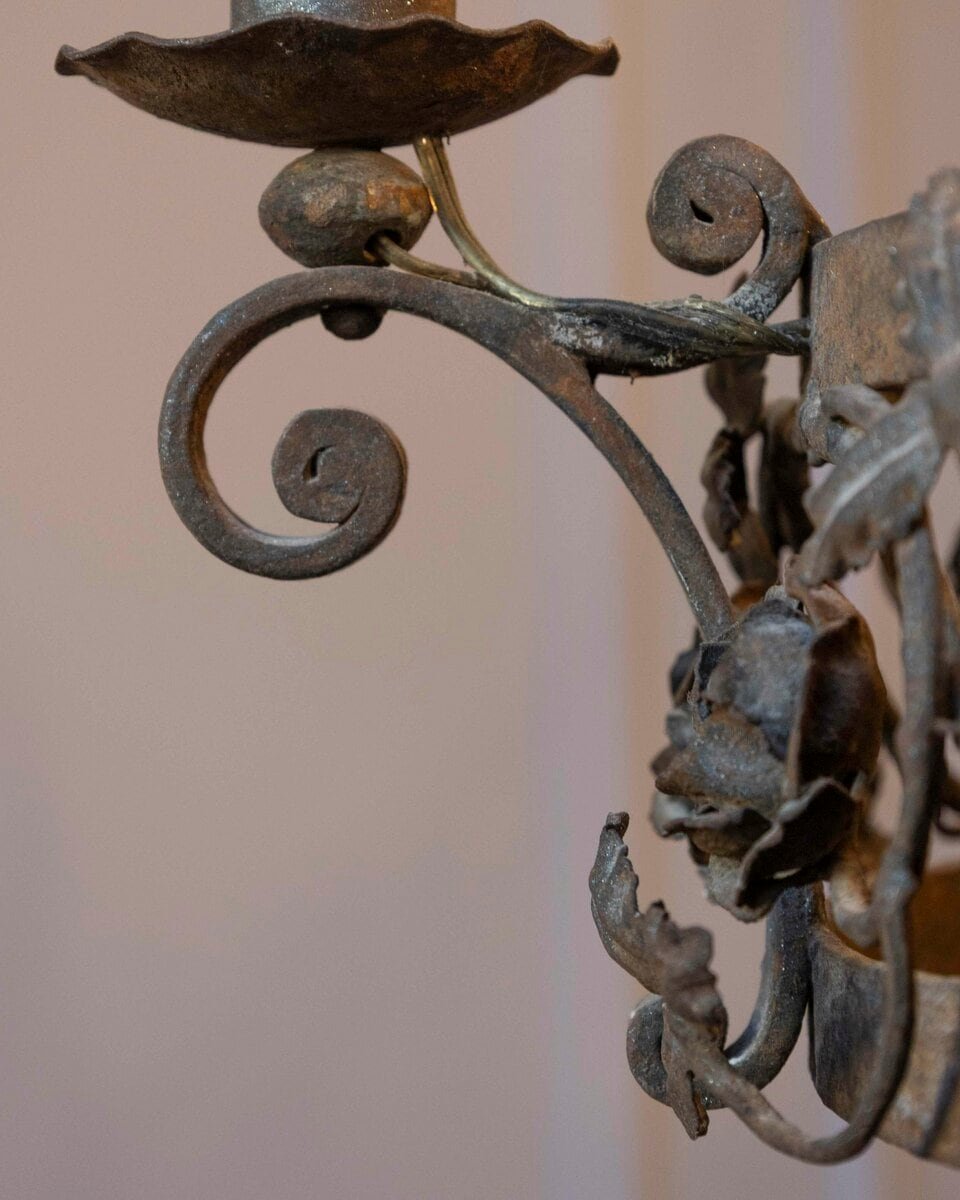 French 19th Century Four-Light Iron Ring Chandelier with Flowers and Vines - JAA