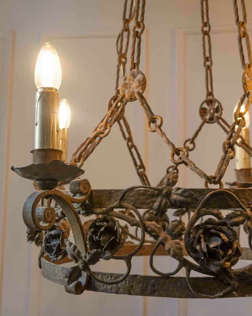 French 19th Century Four-Light Iron Ring Chandelier with Flowers and Vines - JAA