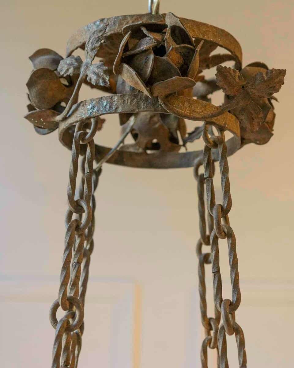 French 19th Century Four-Light Iron Ring Chandelier with Flowers and Vines - JAA