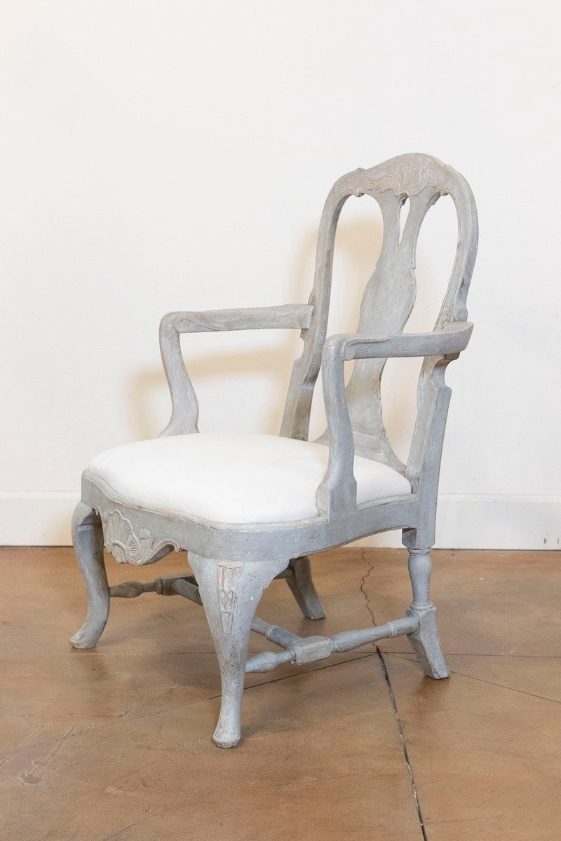 Pair of Swedish Rococo Style 1890s Painted Wood Armchairs - JAA