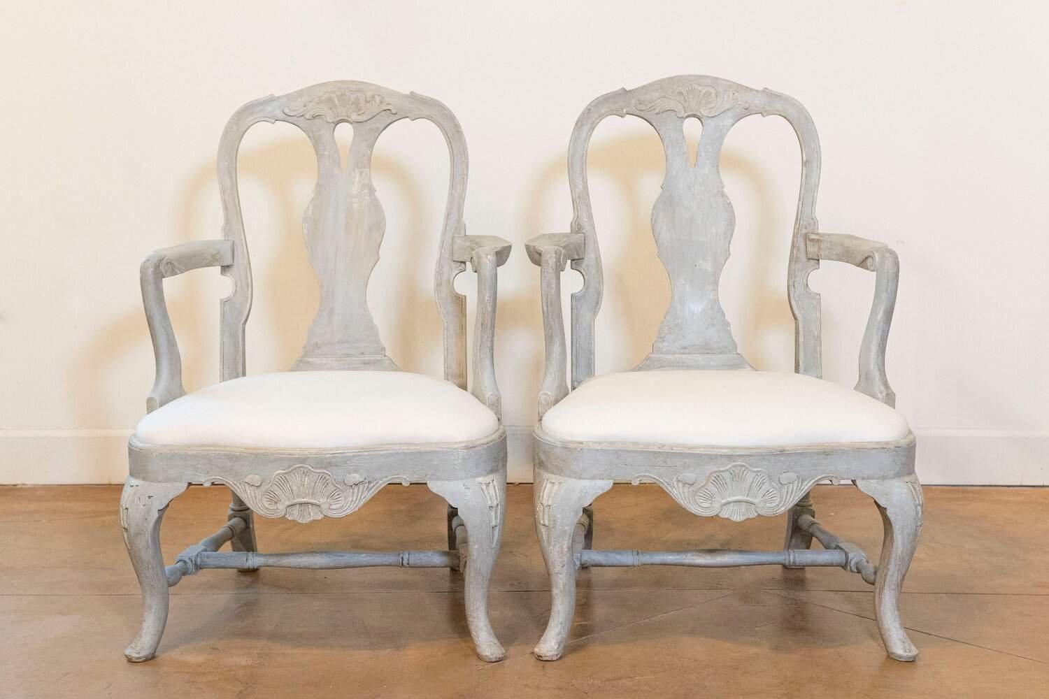 Pair of Swedish Rococo Style 1890s Painted Wood Armchairs - JAA