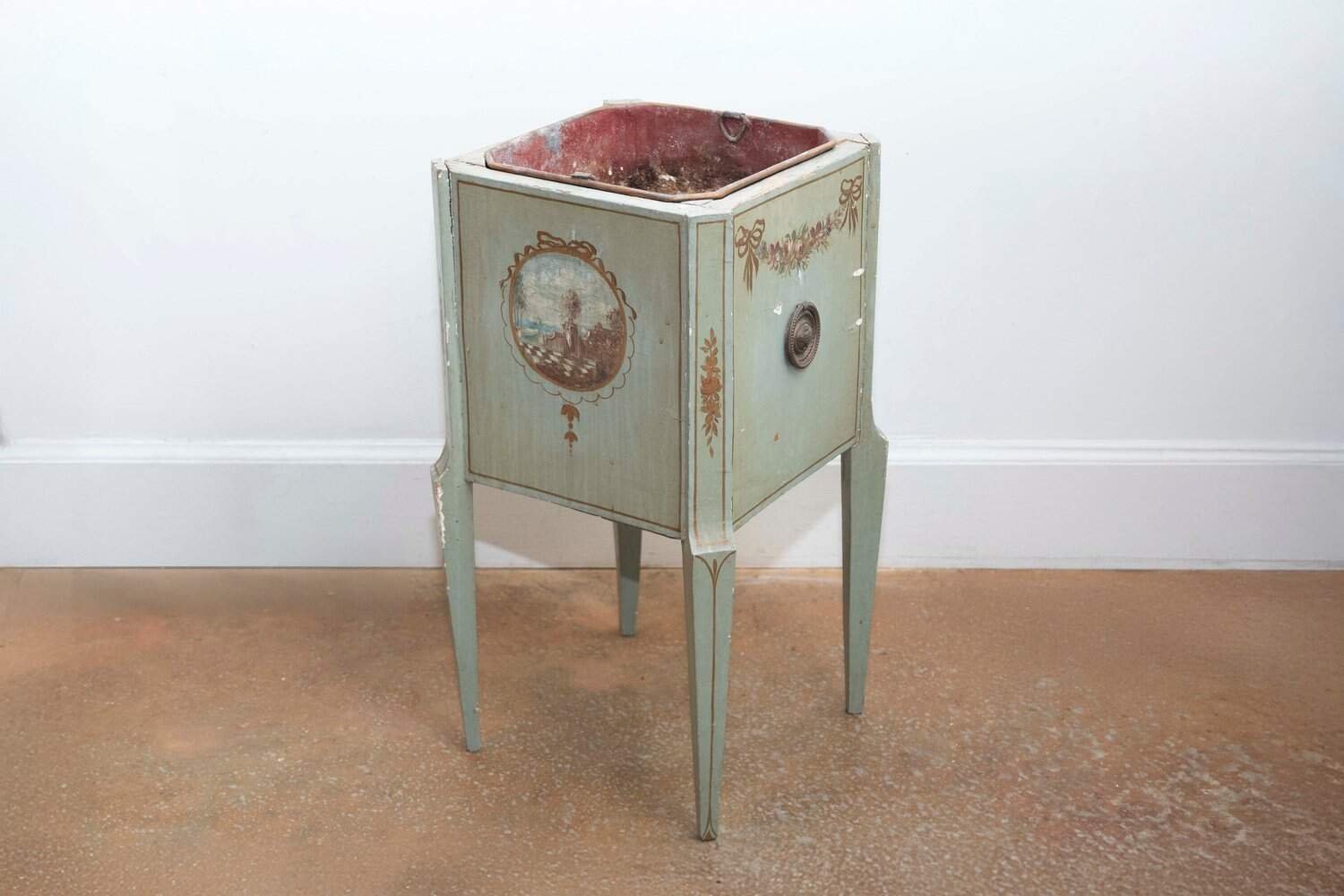 French 1890s Painted Wood Planter with Landscapes in Ribbon-Tied Medallions - JAA