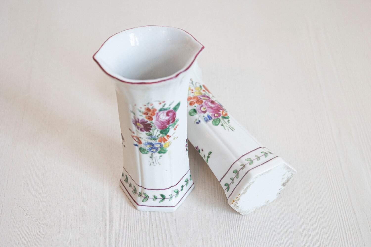 Pair of Italian circa 1805 Porcelain Vases with Colorful Painted Floral Motifs - JAA