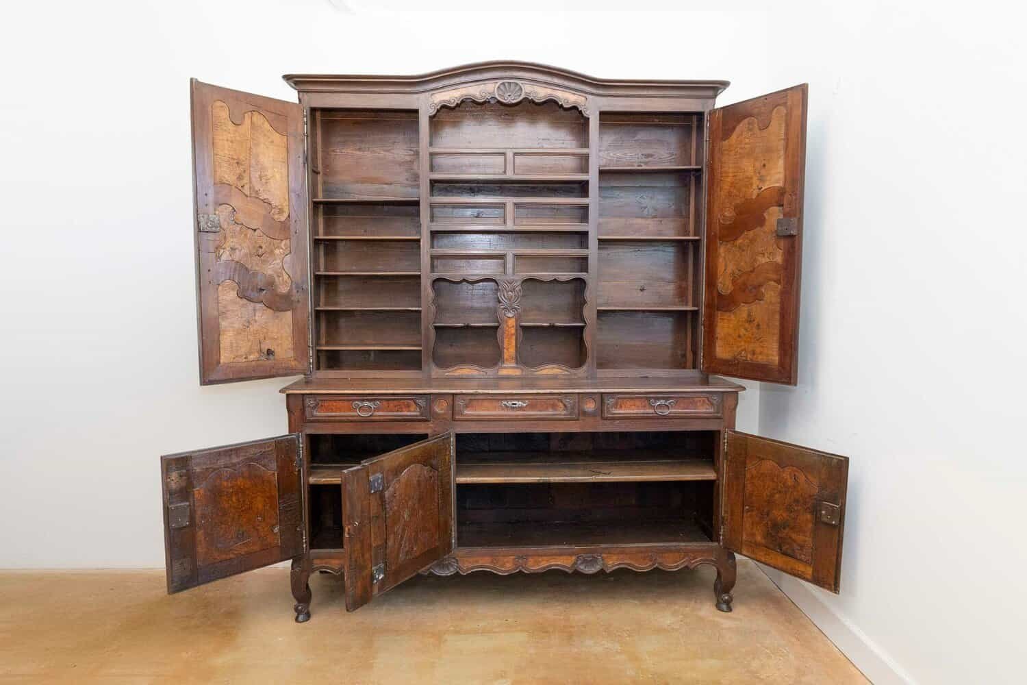 French 1820s Walnut Restoration Vaisselier from Bresse with Burl Wood Panels - JAA