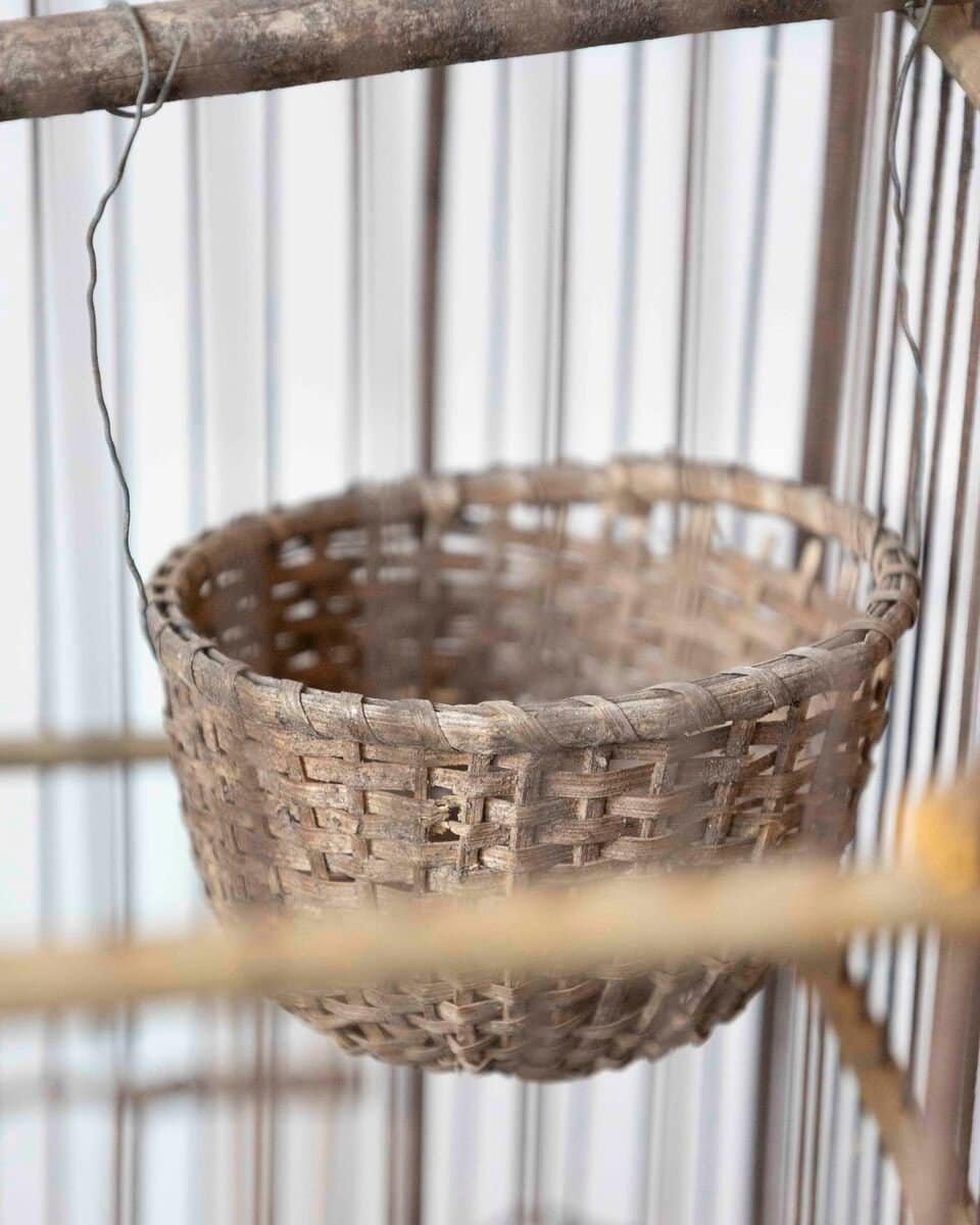 French 19th Century Gilt Wire Birdcage with Domed Top and Yellow-Painted Wooden Base - JAA