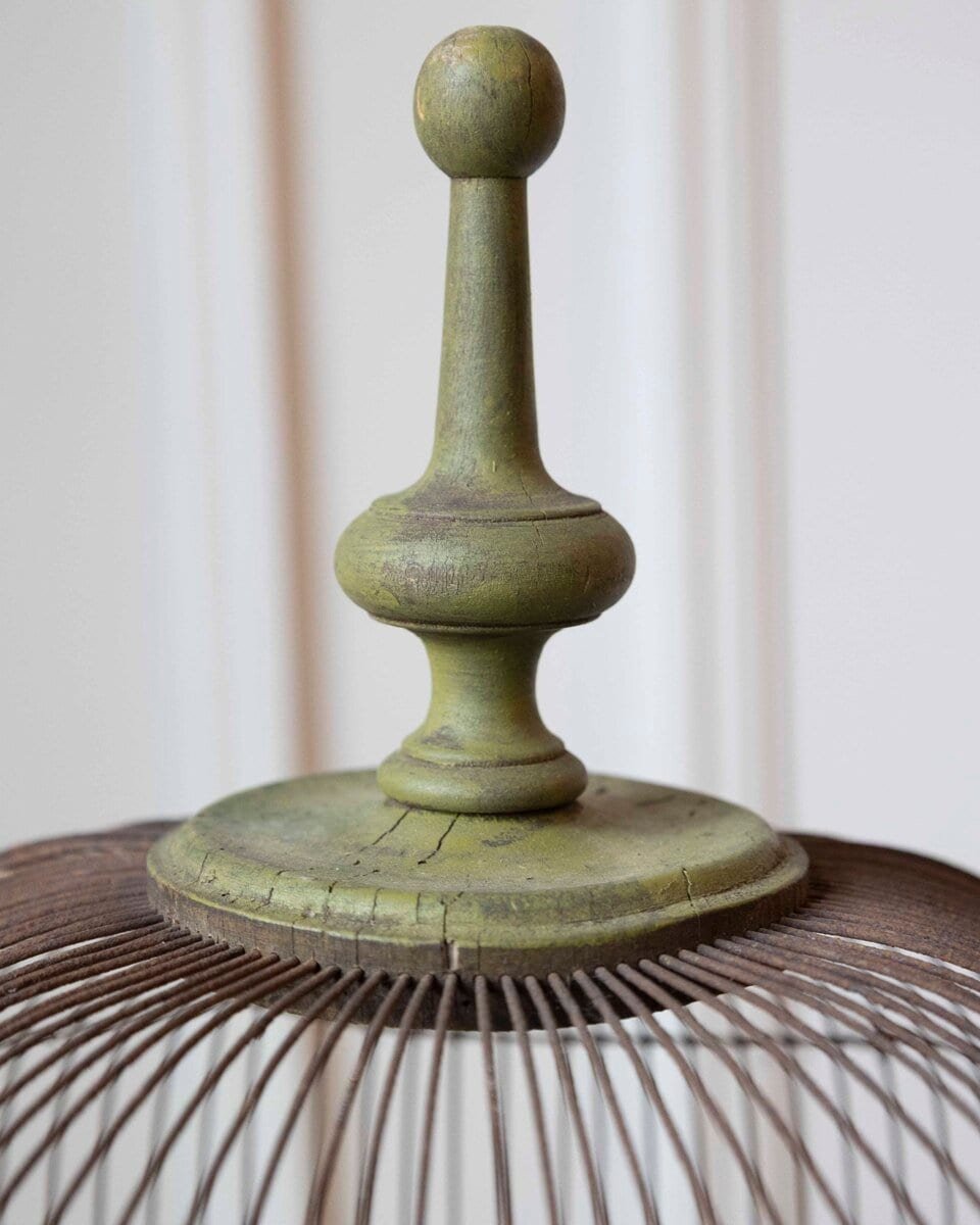 French 19th Century Gilt Wire Birdcage with Domed Top and Yellow-Painted Wooden Base - JAA