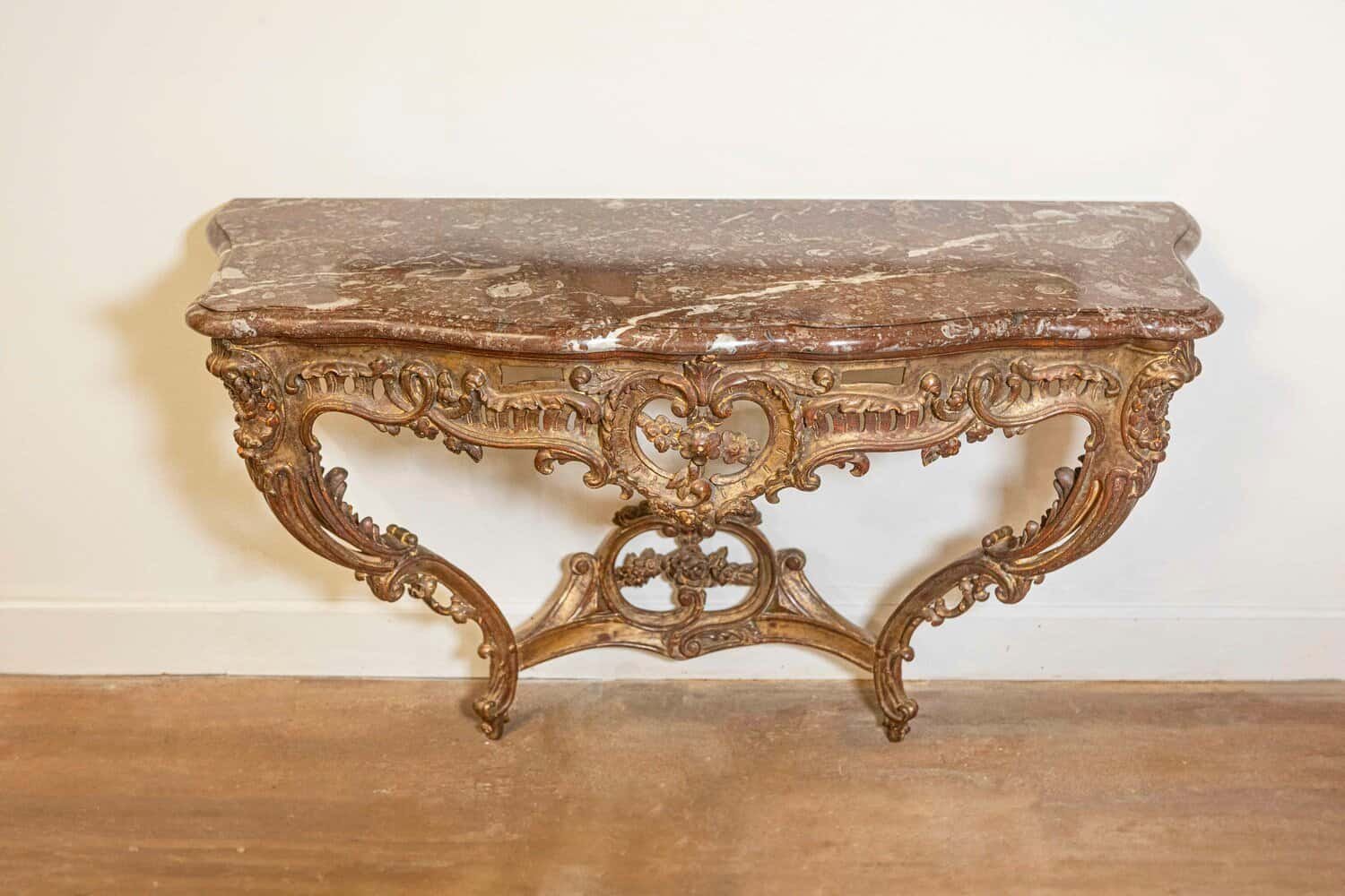 French 1890s Rococo Style Carved Giltwood Console Table with Floral Décor - JAA