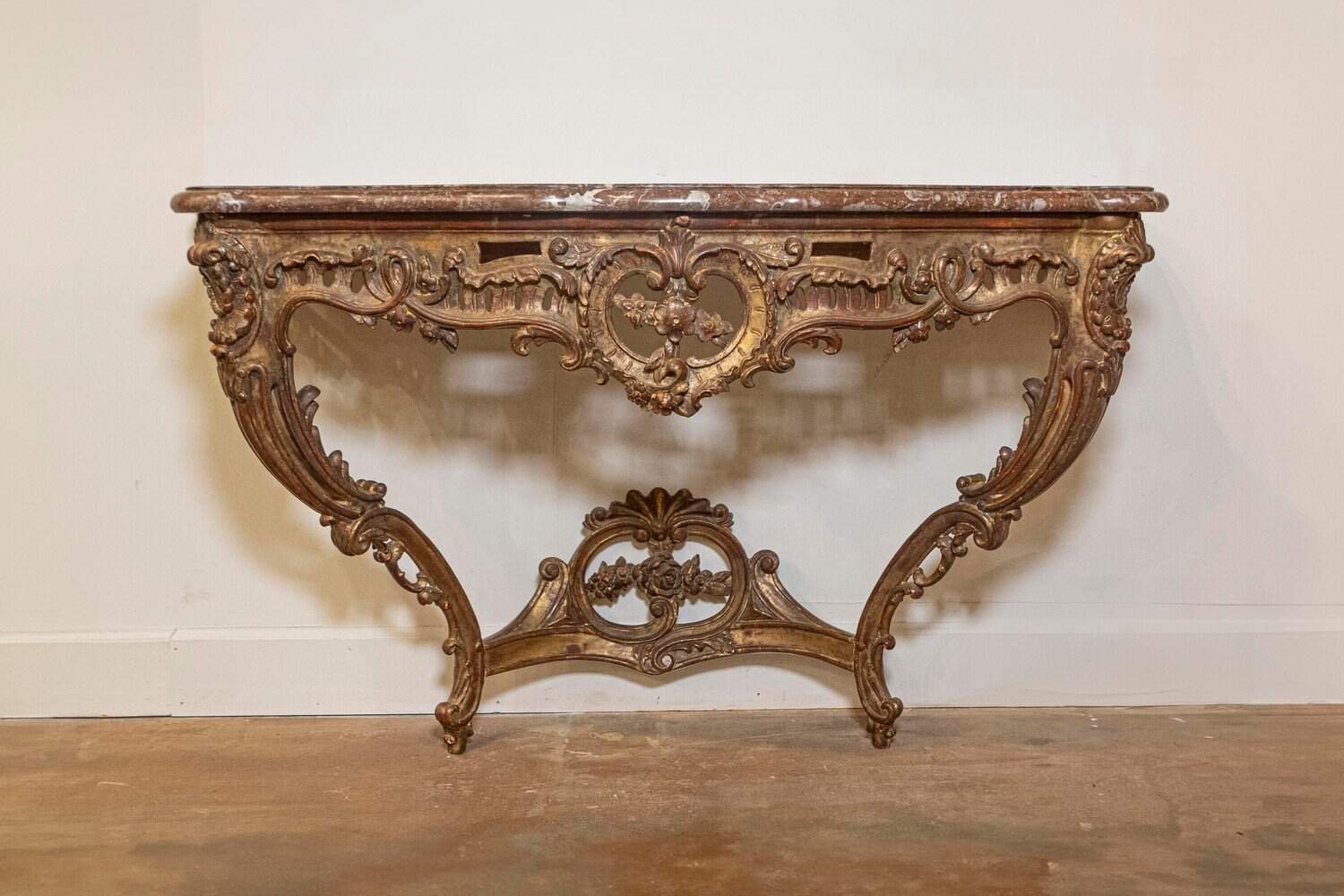 French 1890s Rococo Style Carved Giltwood Console Table with Floral Décor - JAA