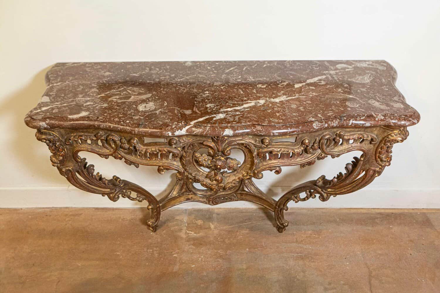 French 1890s Rococo Style Carved Giltwood Console Table with Floral Décor - JAA