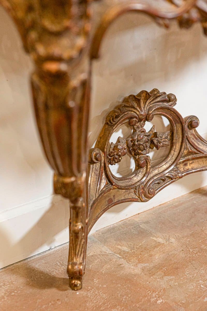French 1890s Rococo Style Carved Giltwood Console Table with Floral Décor - JAA