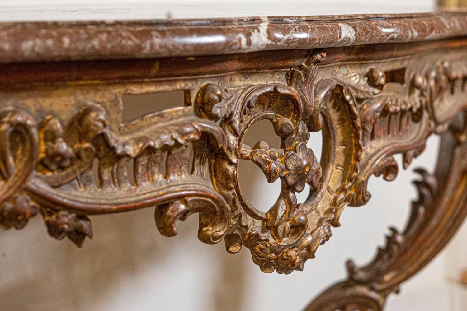 French 1890s Rococo Style Carved Giltwood Console Table with Floral Décor - JAA