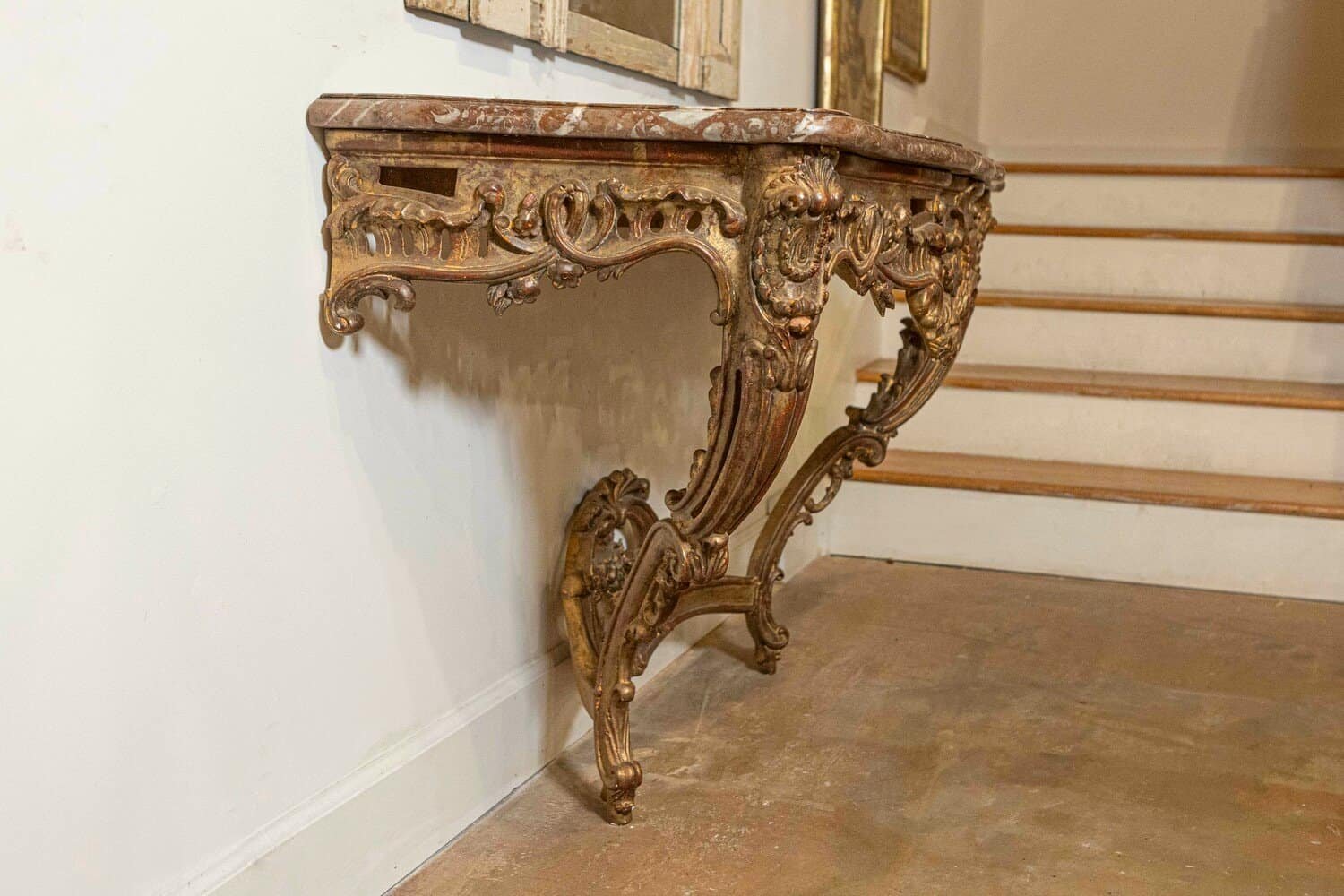French 1890s Rococo Style Carved Giltwood Console Table with Floral Décor - JAA