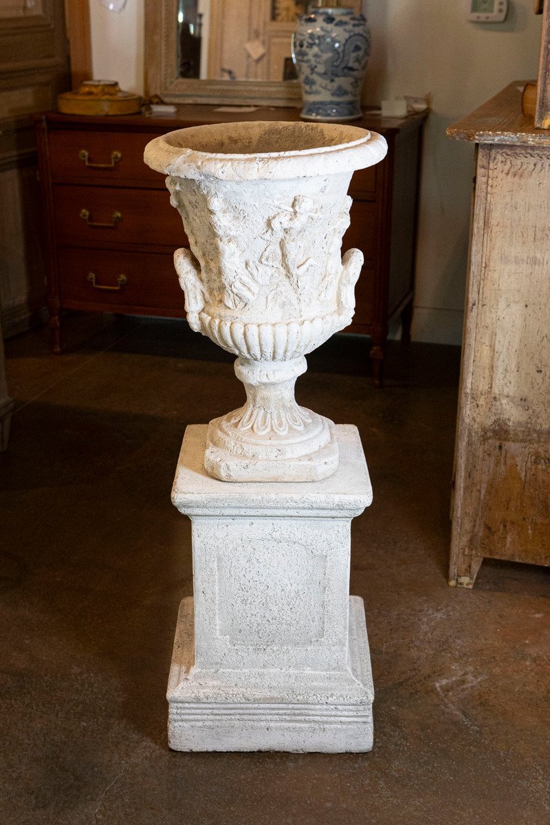 French circa 1870 Provençale Medici Vase Inspired Jardinière with Carved Scenes - JAA