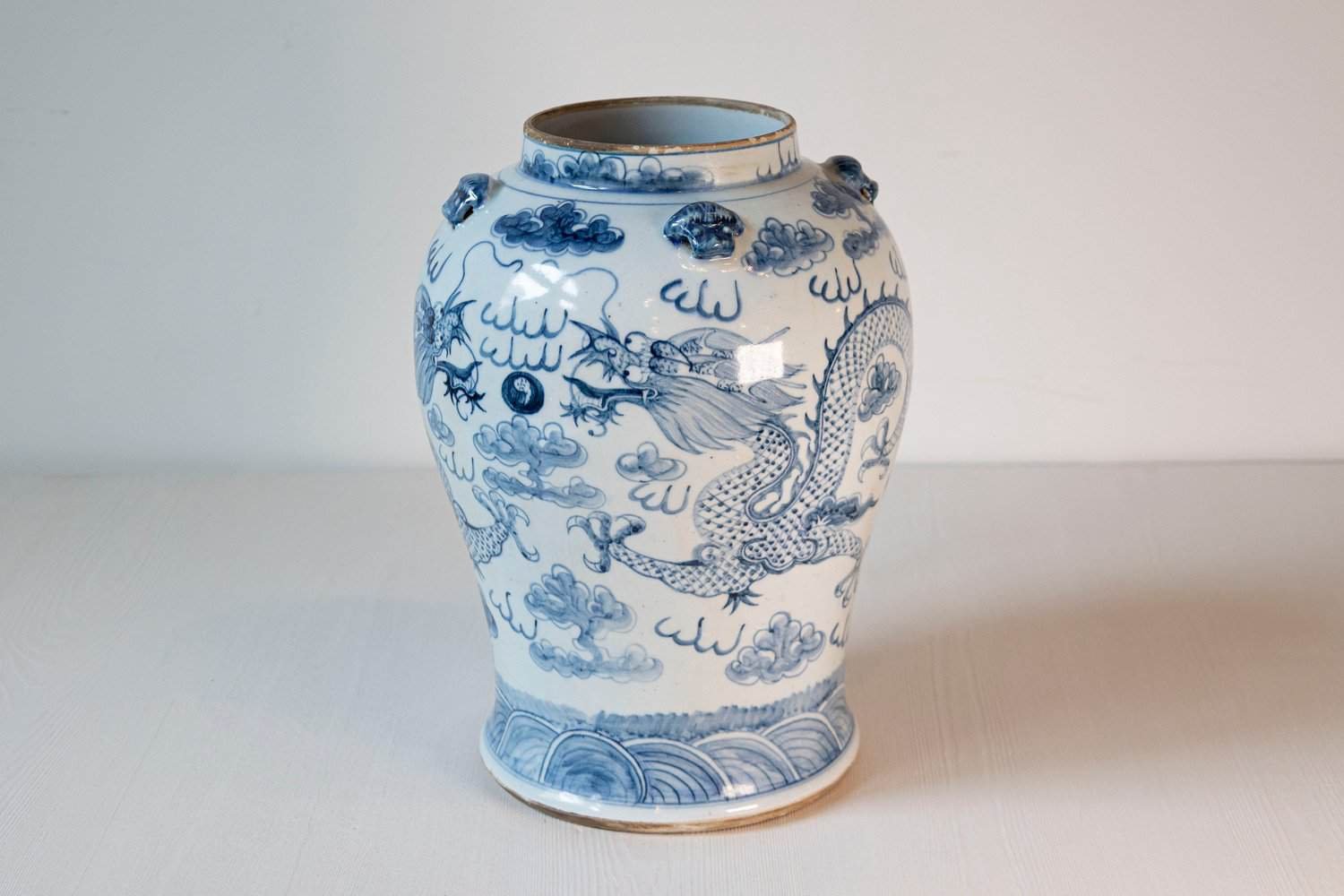 Chinese Export 20th Century Blue and White Porcelain Vase with Dragon Motifs - JAA