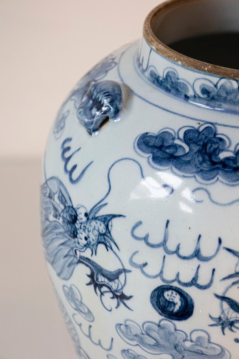 Chinese Export 20th Century Blue and White Porcelain Vase with Dragon Motifs - JAA