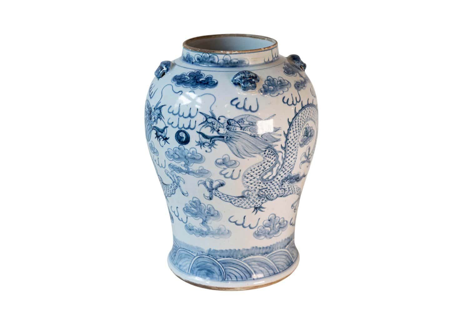 Chinese Export 20th Century Blue and White Porcelain Vase with Dragon Motifs