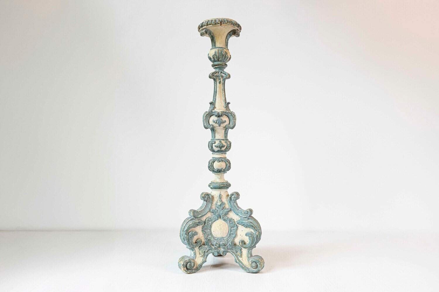 18th Century Italian Rococo Single Carved Candlestick, Painted with Blue Accents - JAA