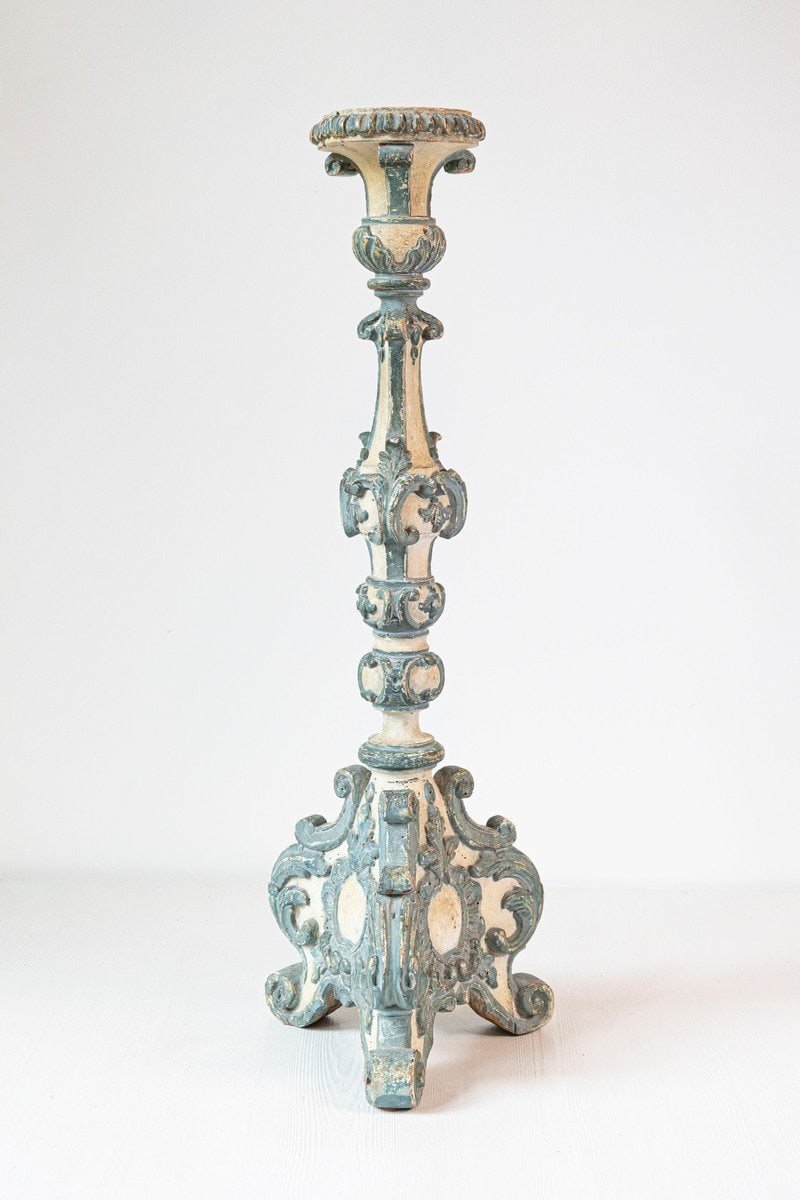 18th Century Italian Rococo Single Carved Candlestick, Painted with Blue Accents - JAA