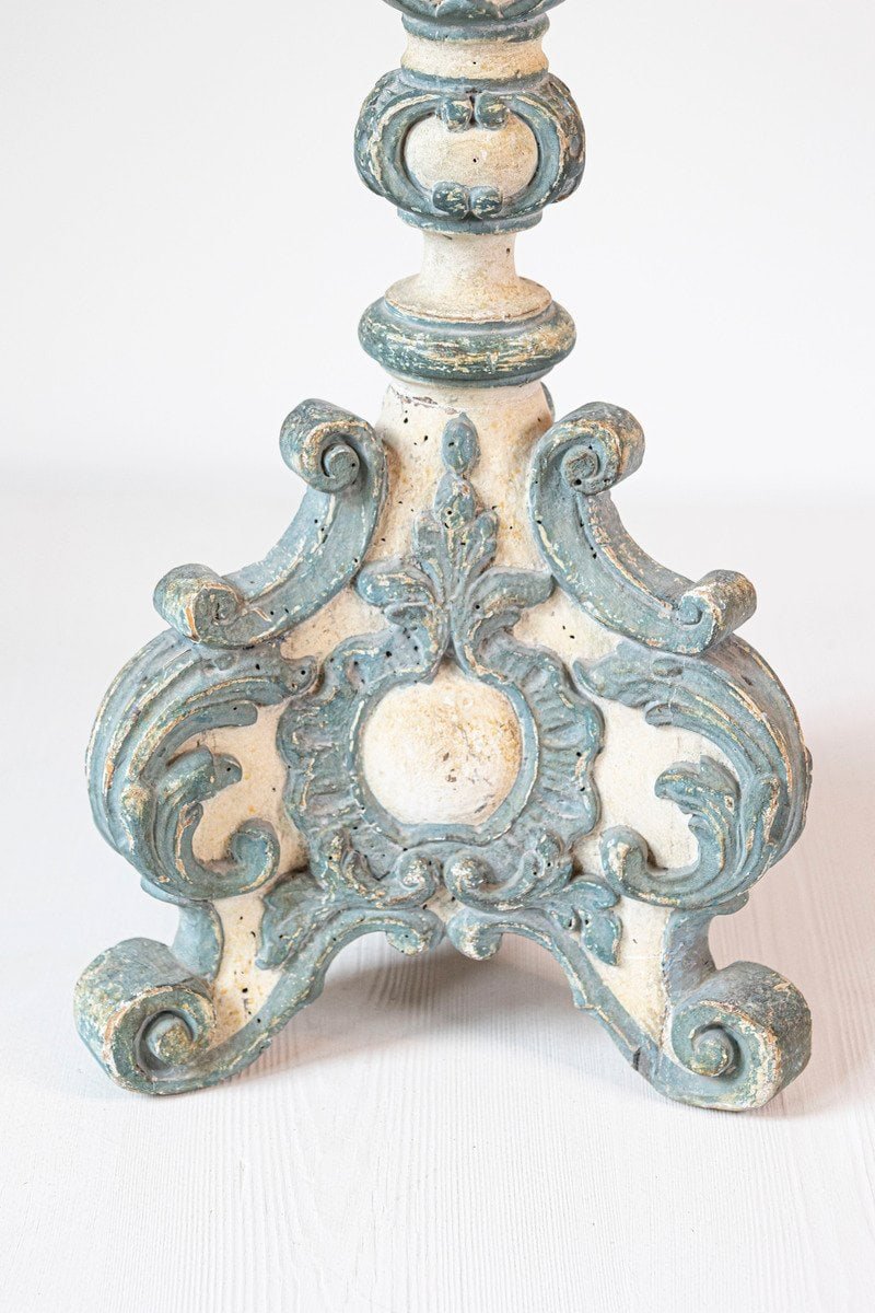 18th Century Italian Rococo Single Carved Candlestick, Painted with Blue Accents - JAA