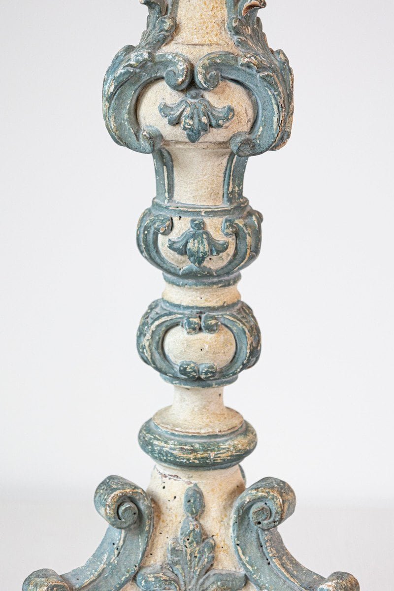 18th Century Italian Rococo Single Carved Candlestick, Painted with Blue Accents - JAA