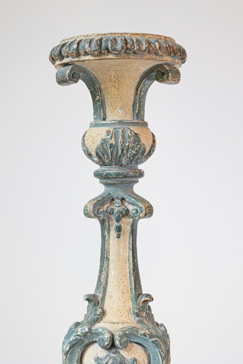 18th Century Italian Rococo Single Carved Candlestick, Painted with Blue Accents - JAA
