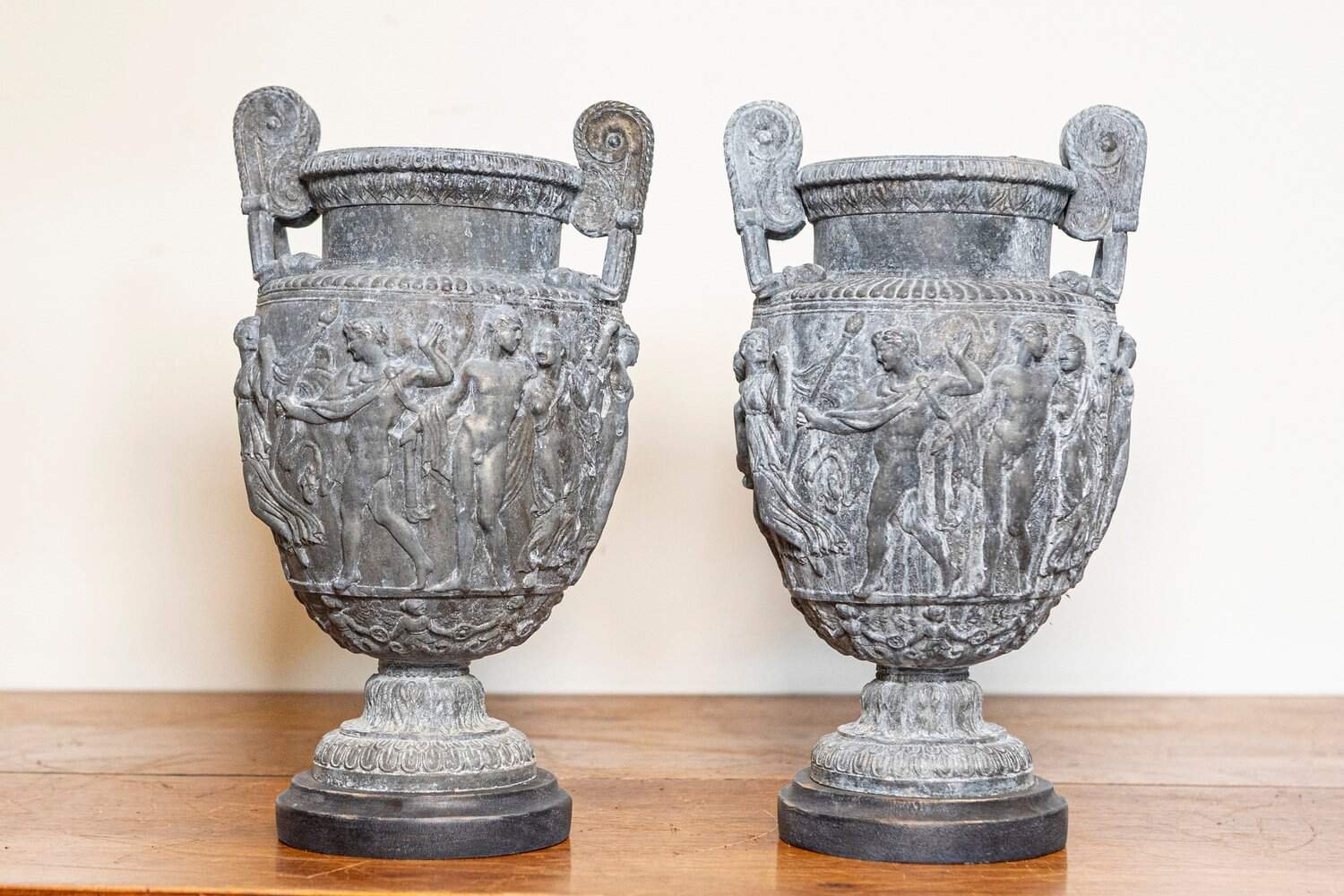 French 19th Century Neoclassical Pair of Baluster Urns with Low-Relief Décor - JAA