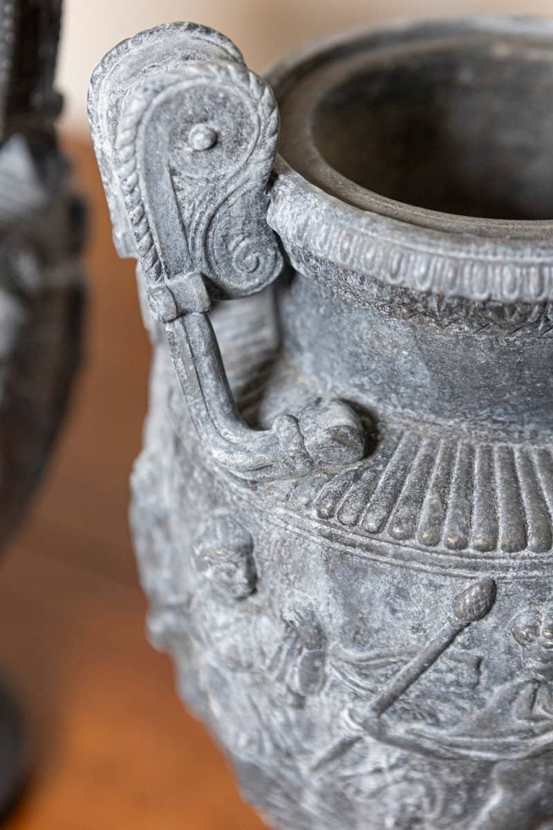 French 19th Century Neoclassical Pair of Baluster Urns with Low-Relief Décor - JAA