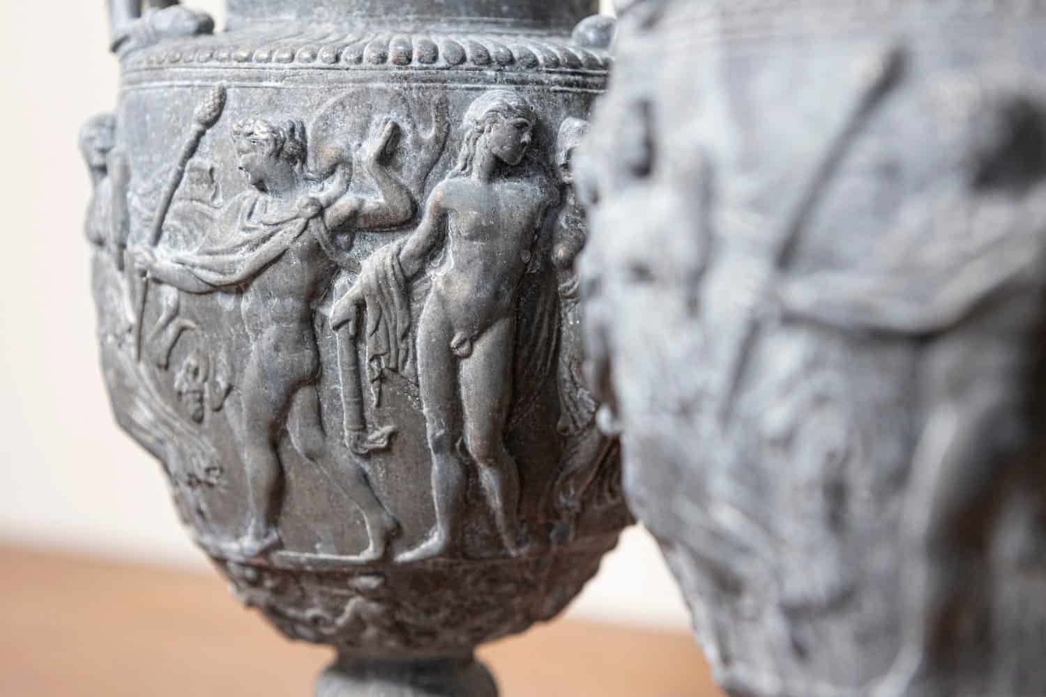 French 19th Century Neoclassical Pair of Baluster Urns with Low-Relief Décor - JAA