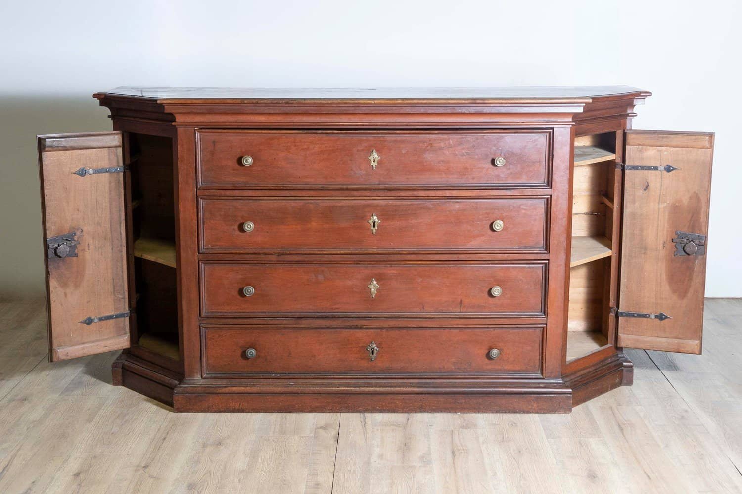 Italian 17th Century Walnut Dresser with Four Drawers and Canted Side Doors - PAIR AVAILABLE - JAA