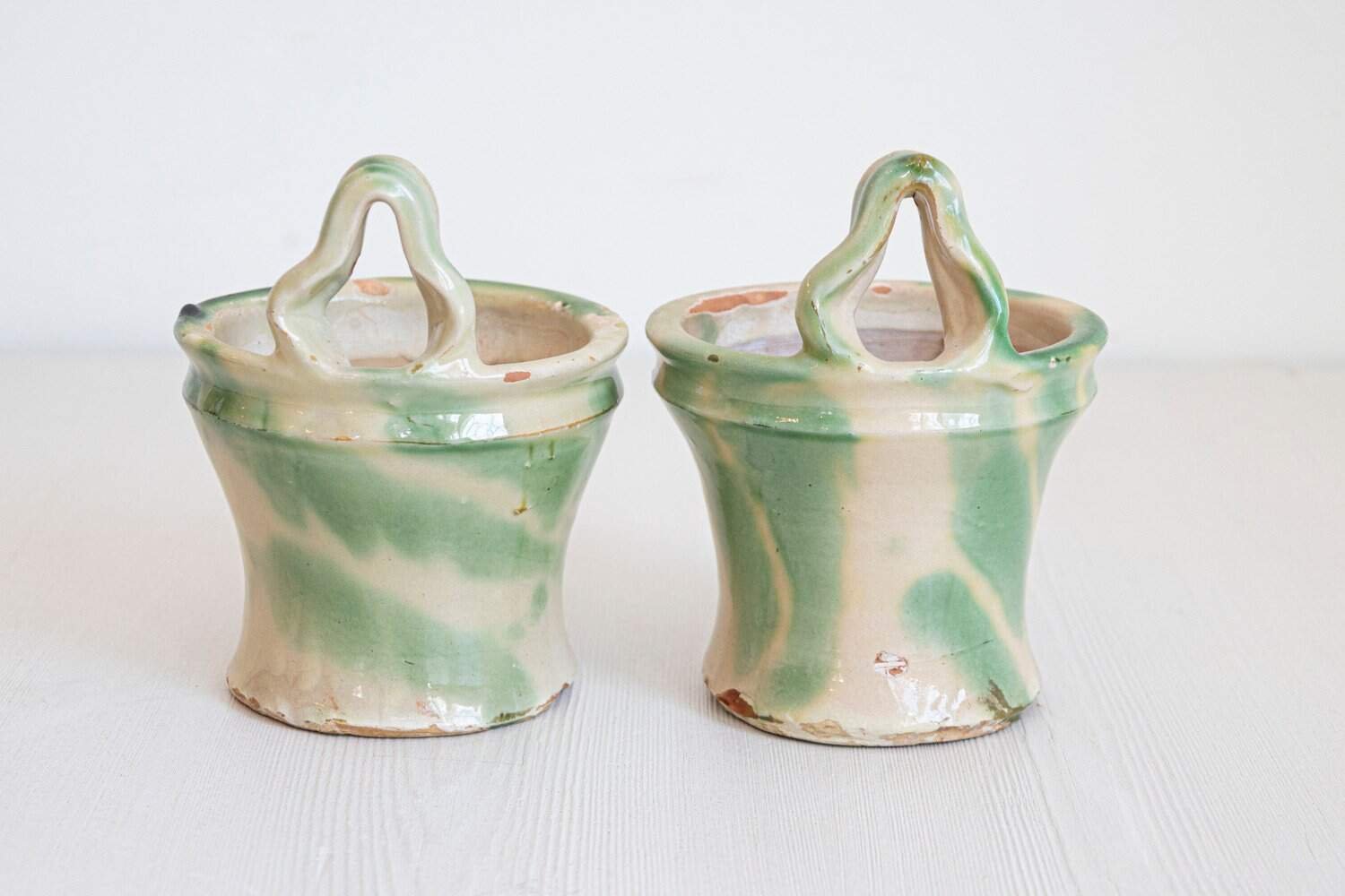 French 19th Century Pair of Green and Yellow Glazed Pottery Hanging Planters - JAA