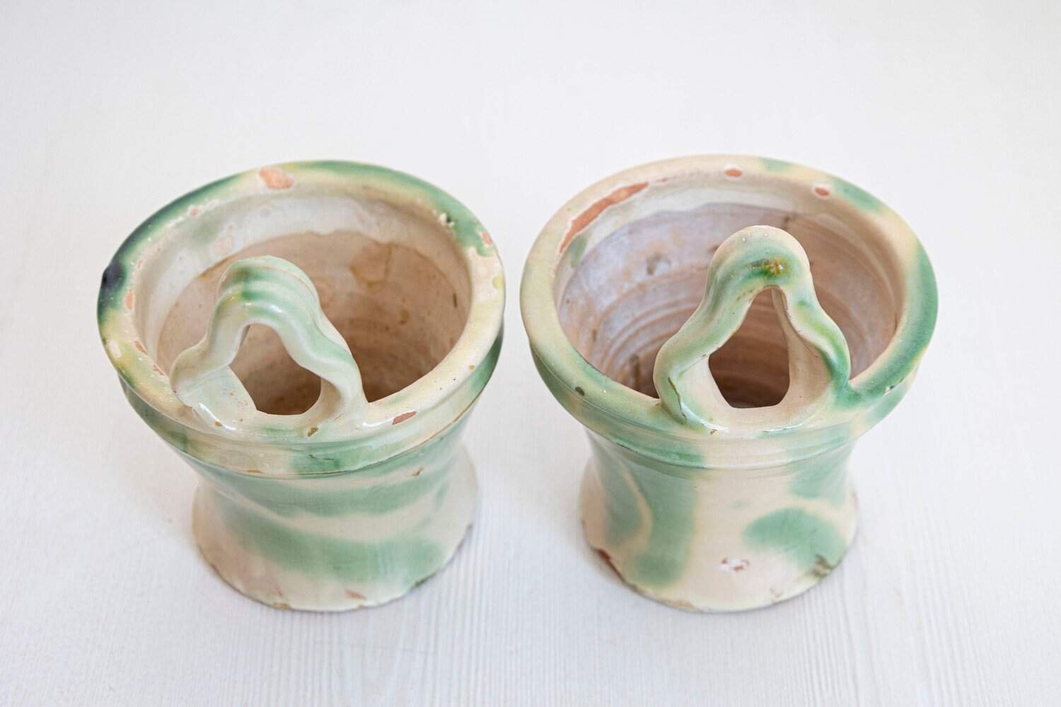 French 19th Century Pair of Green and Yellow Glazed Pottery Hanging Planters - JAA