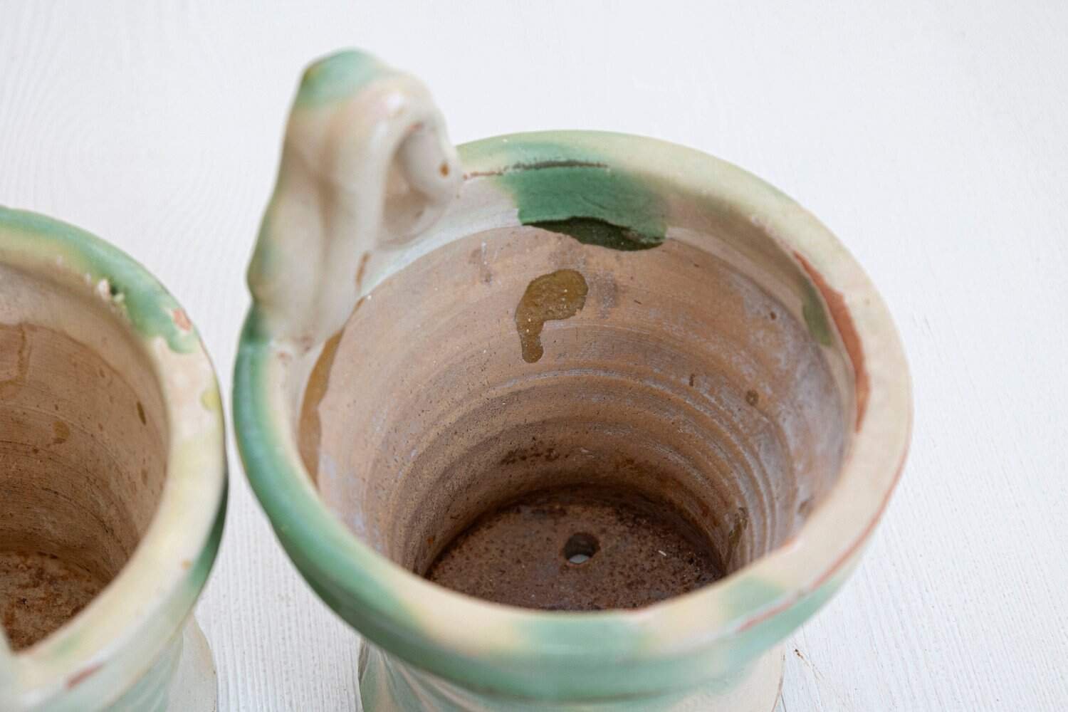 French 19th Century Pair of Green and Yellow Glazed Pottery Hanging Planters - JAA