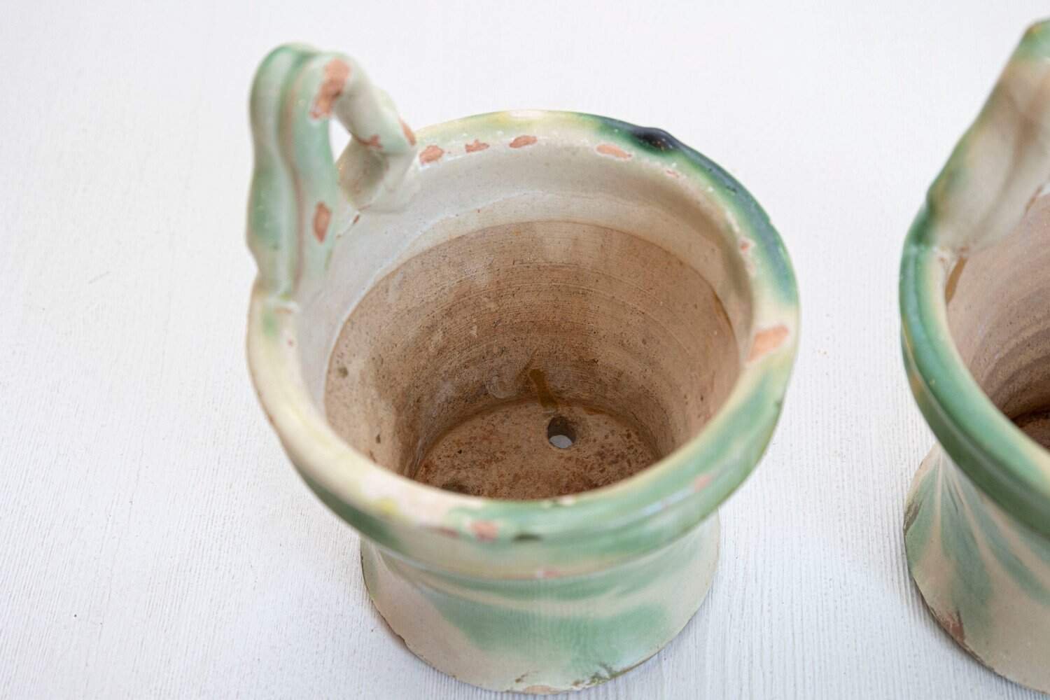 French 19th Century Pair of Green and Yellow Glazed Pottery Hanging Planters - JAA