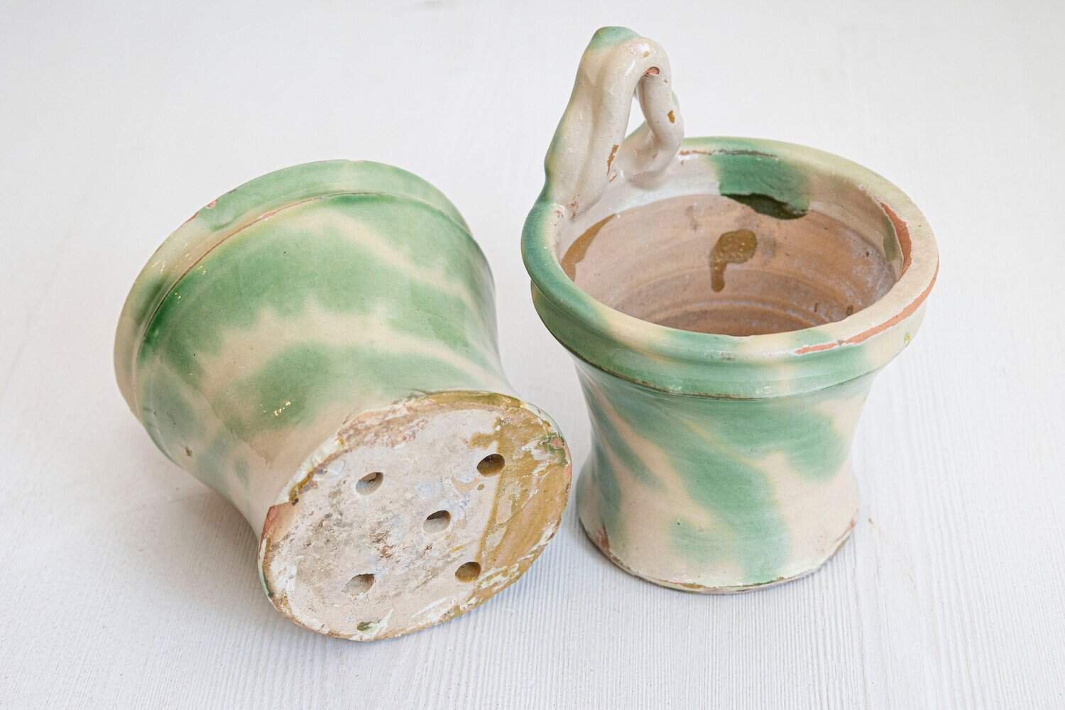 French 19th Century Pair of Green and Yellow Glazed Pottery Hanging Planters - JAA