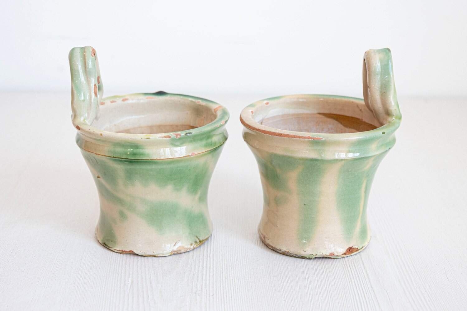 French 19th Century Pair of Green and Yellow Glazed Pottery Hanging Planters - JAA