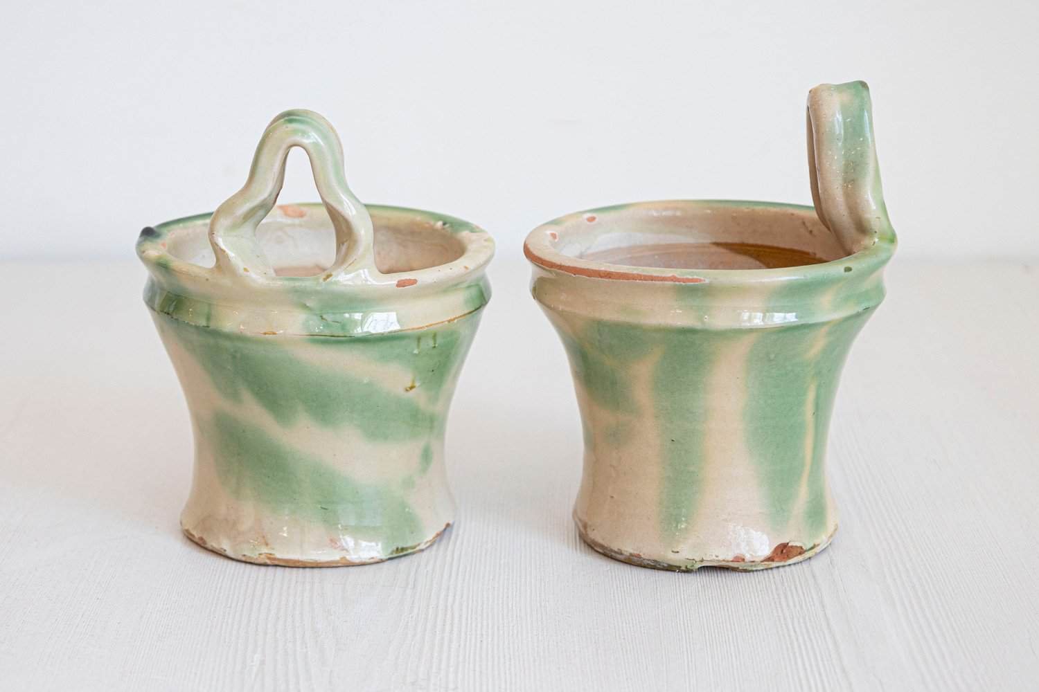 French 19th Century Pair of Green and Yellow Glazed Pottery Hanging Planters - JAA