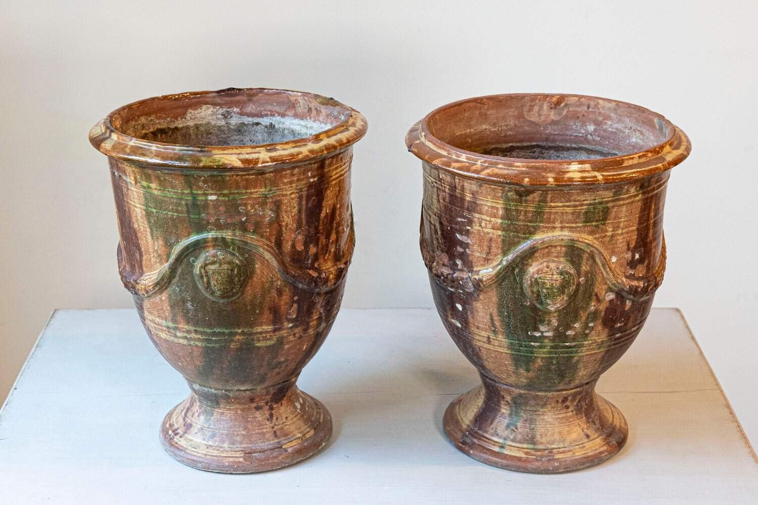 French 19th Century Pair of Anduze Jars with Brown and Green Glaze and Swags - JAA