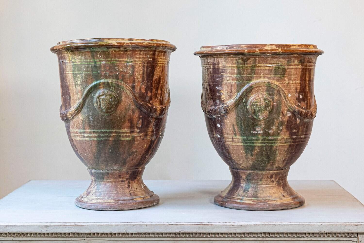 French 19th Century Pair of Anduze Jars with Brown and Green Glaze and Swags - JAA