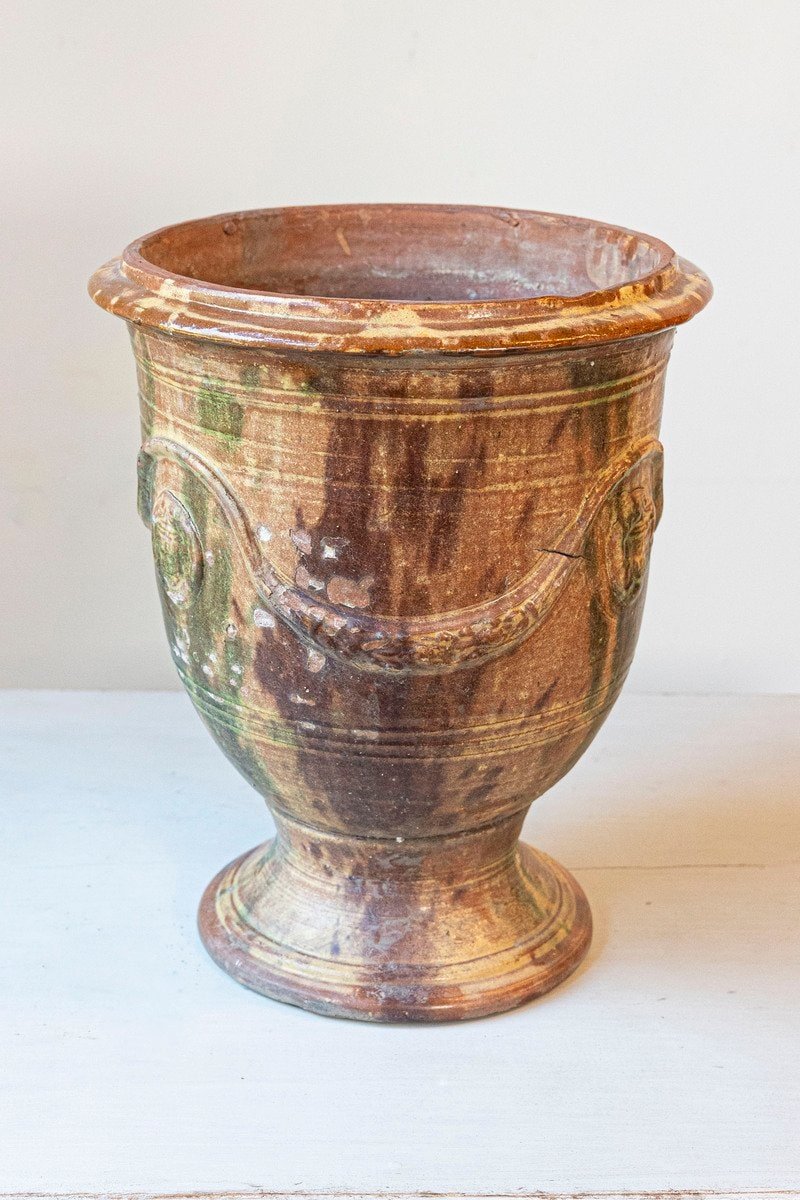 French 19th Century Pair of Anduze Jars with Brown and Green Glaze and Swags - JAA