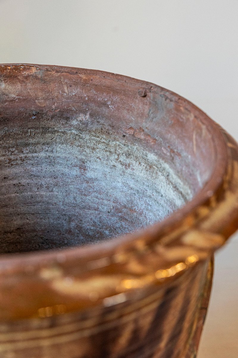 French 19th Century Pair of Anduze Jars with Brown and Green Glaze and Swags - JAA