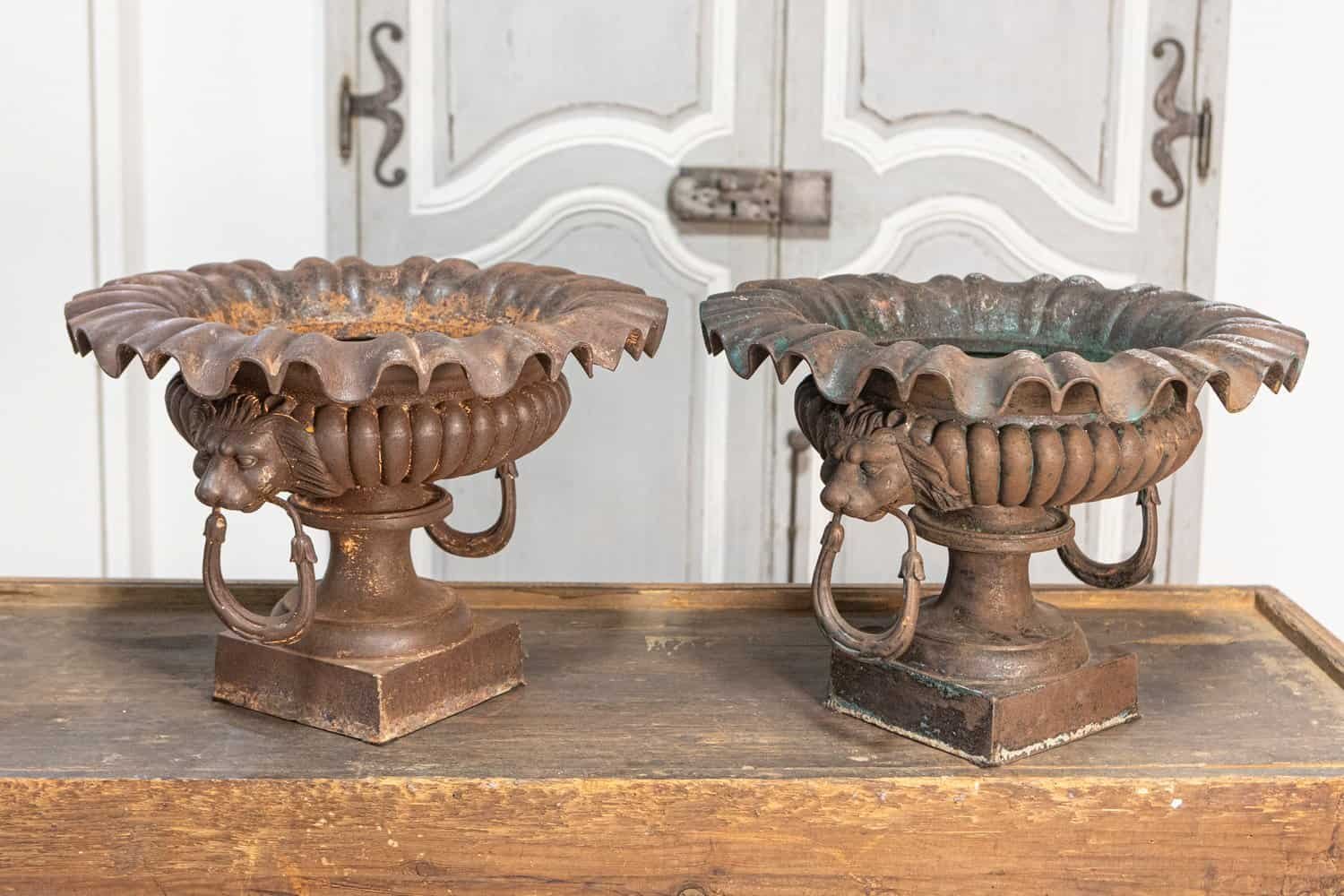 French 19th Century Pair of Cast Iron Urns - JAA