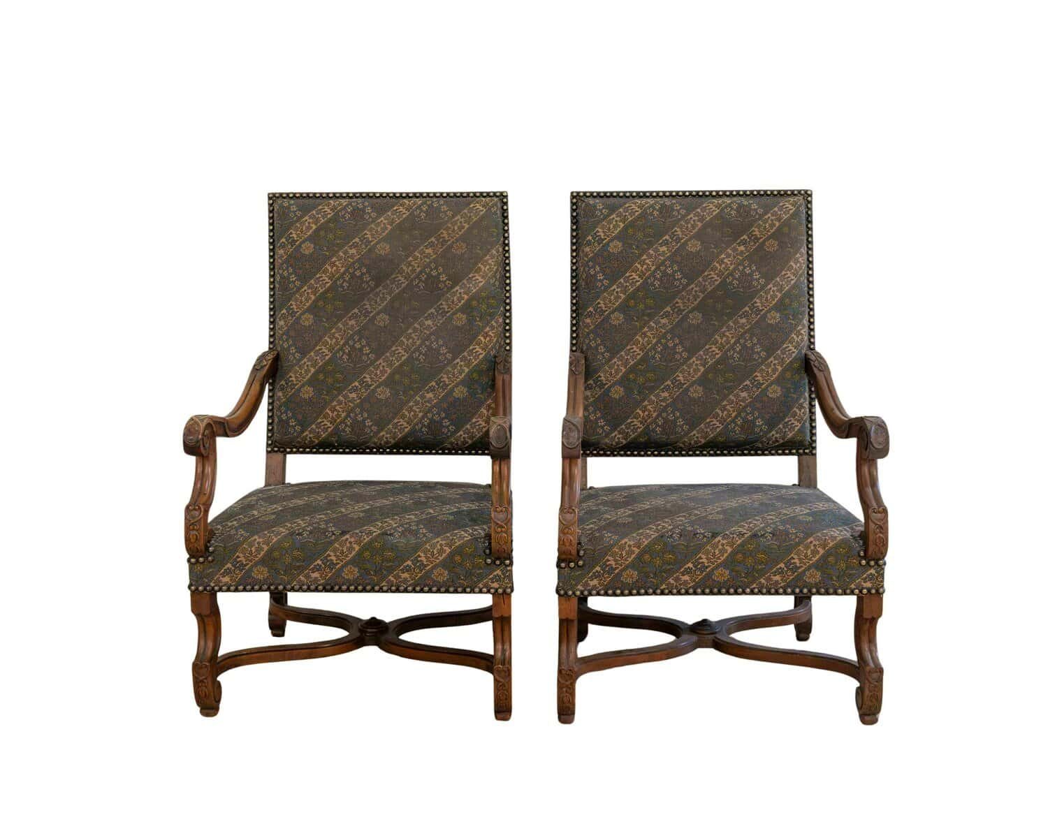 Pair of French Walnut Armchairs with X-Form Crossbars, Circa 1900 - JAA