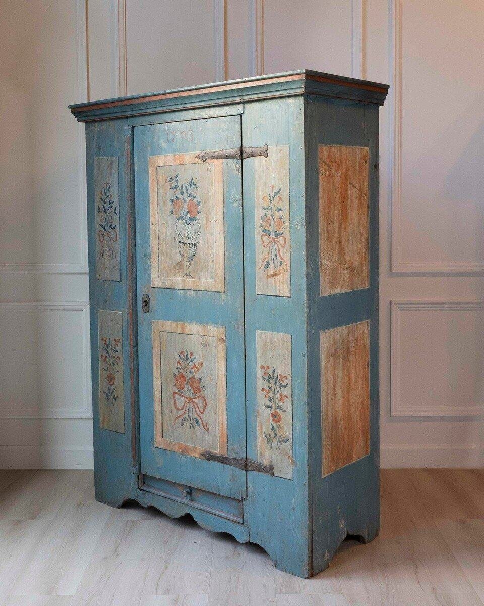 Tyrolean Late 18th Century Painted Pine Armoire with Original Folk Art Finish, Dated 1793 - JAA