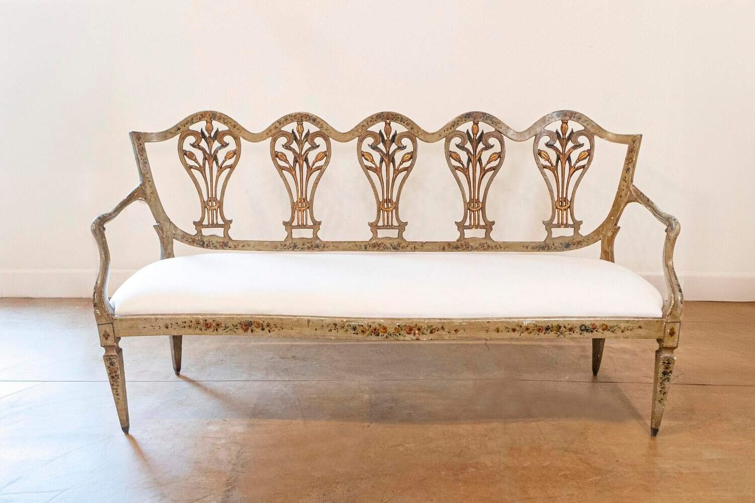 Venetian Late 18th Century Painted and Gilt Sofa with Floral and Lyre Motifs - JAA