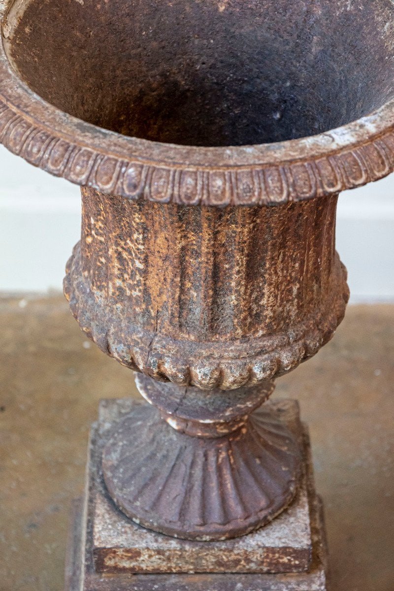 French 19th Century Pair of Iron Médicis Vases on Stepped Pedestals with Patina - JAA