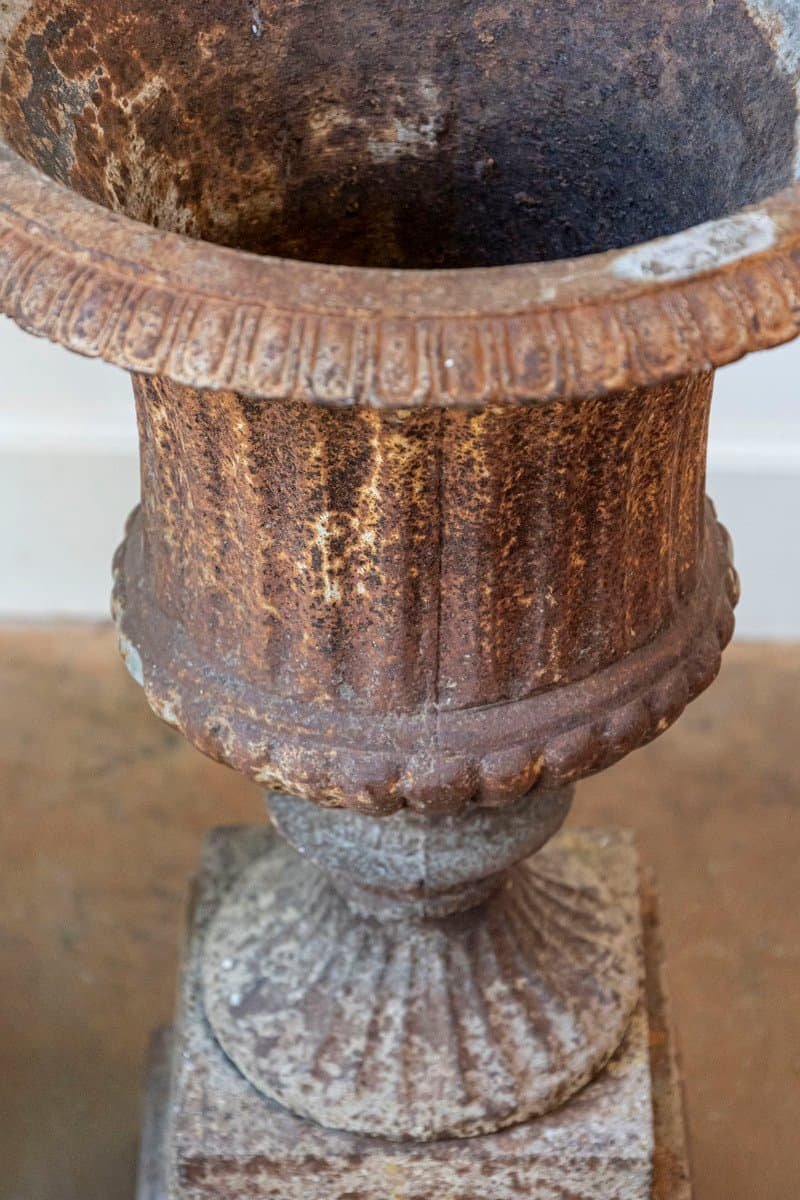 French 19th Century Pair of Iron Médicis Vases on Stepped Pedestals with Patina - JAA
