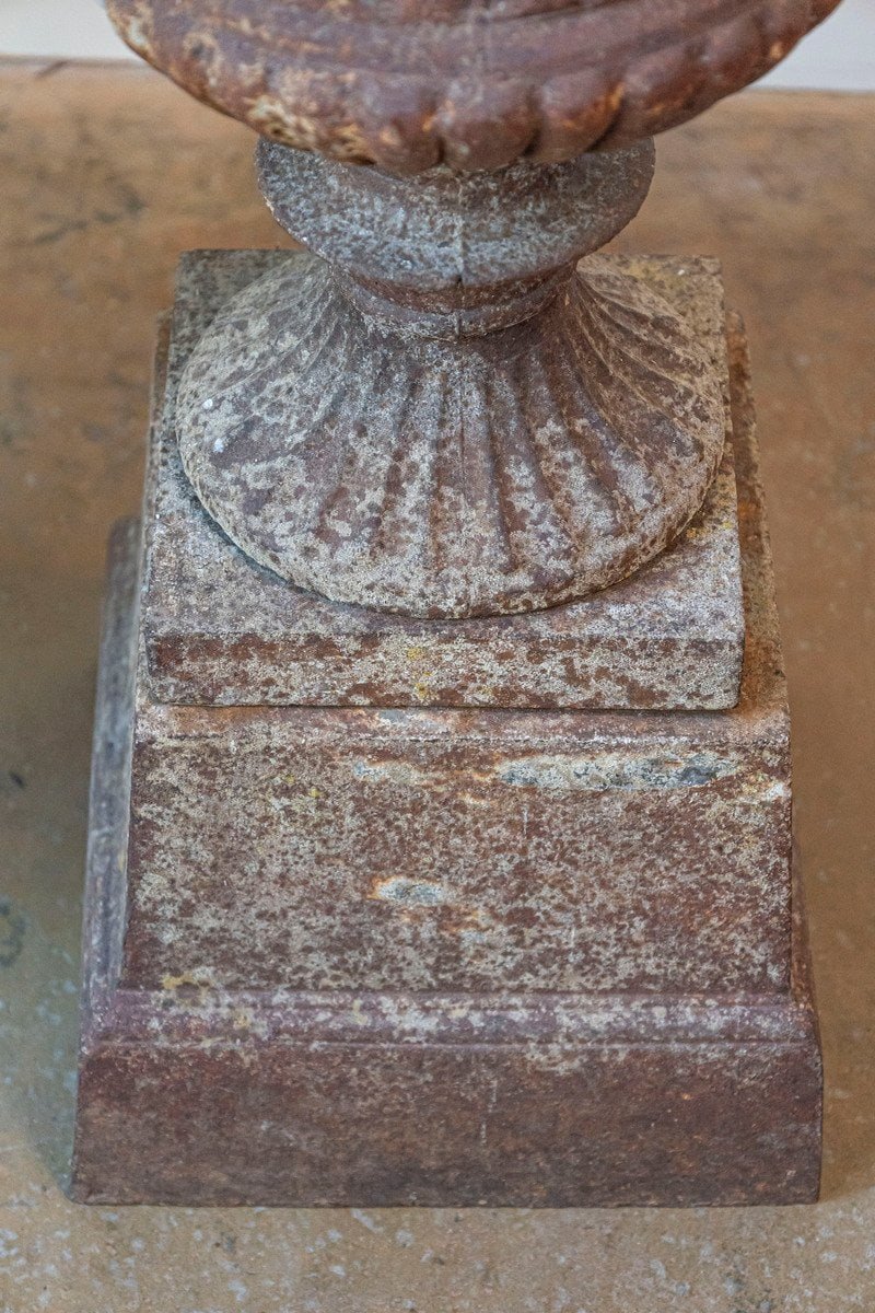 French 19th Century Pair of Iron Médicis Vases on Stepped Pedestals with Patina - JAA