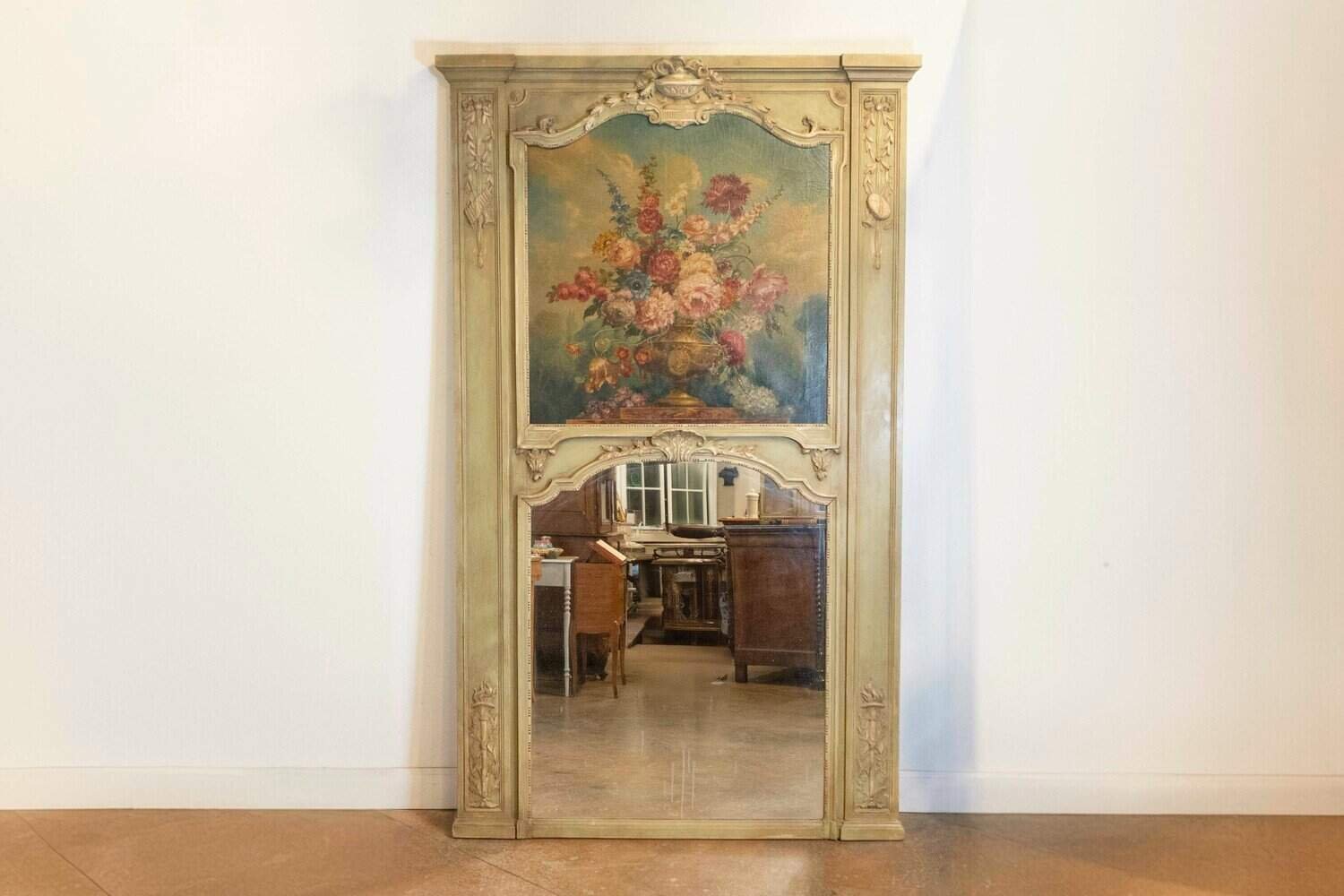 French 1870s Napoléon III Period Painted Trumeau Mirror with Floral Oil Painting - JAA